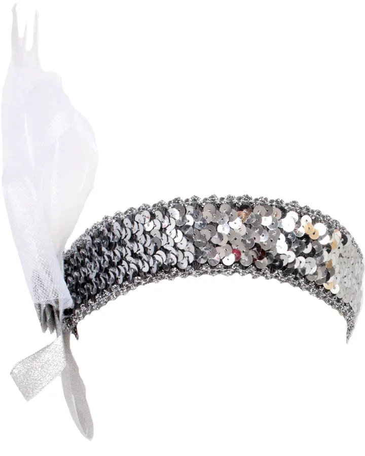 20s Silver Flower with White Ribbon Flapper Headband