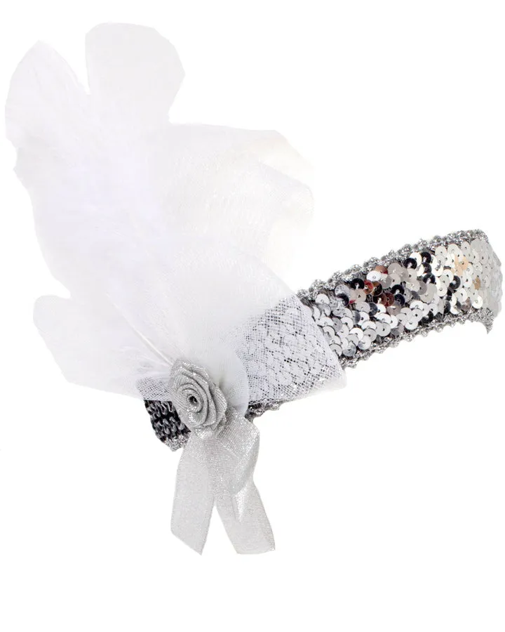 20s Silver Flower with White Ribbon Flapper Headband