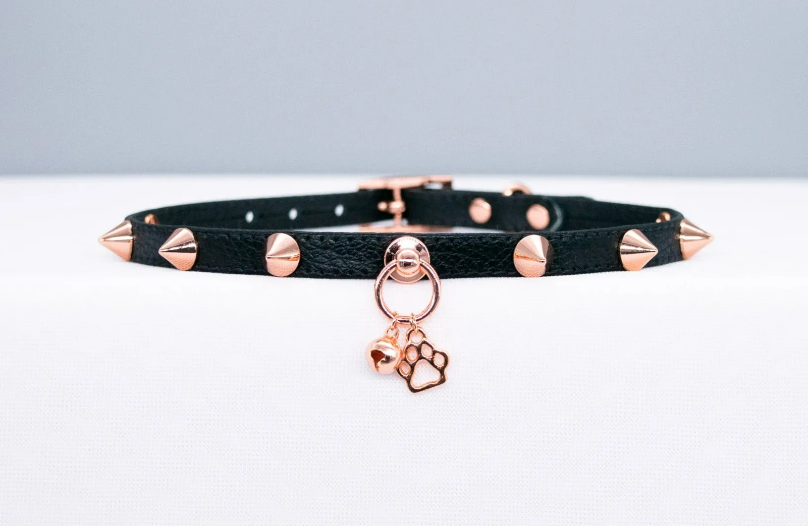 3/8" Black Spiked Puppy Leather Collar in Rose Gold