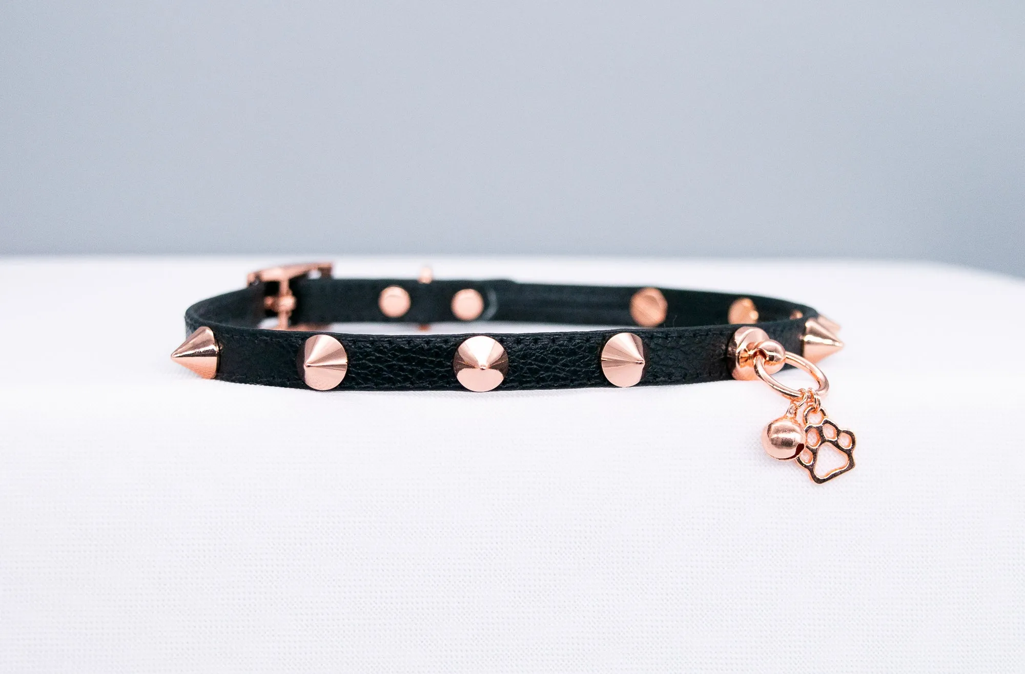 3/8" Black Spiked Puppy Leather Collar in Rose Gold