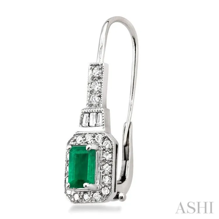 6x4mm Octagon Cut Emerald and 1/2 Ctw Baguette and Round Cut Diamond Earrings in 14K White Gold