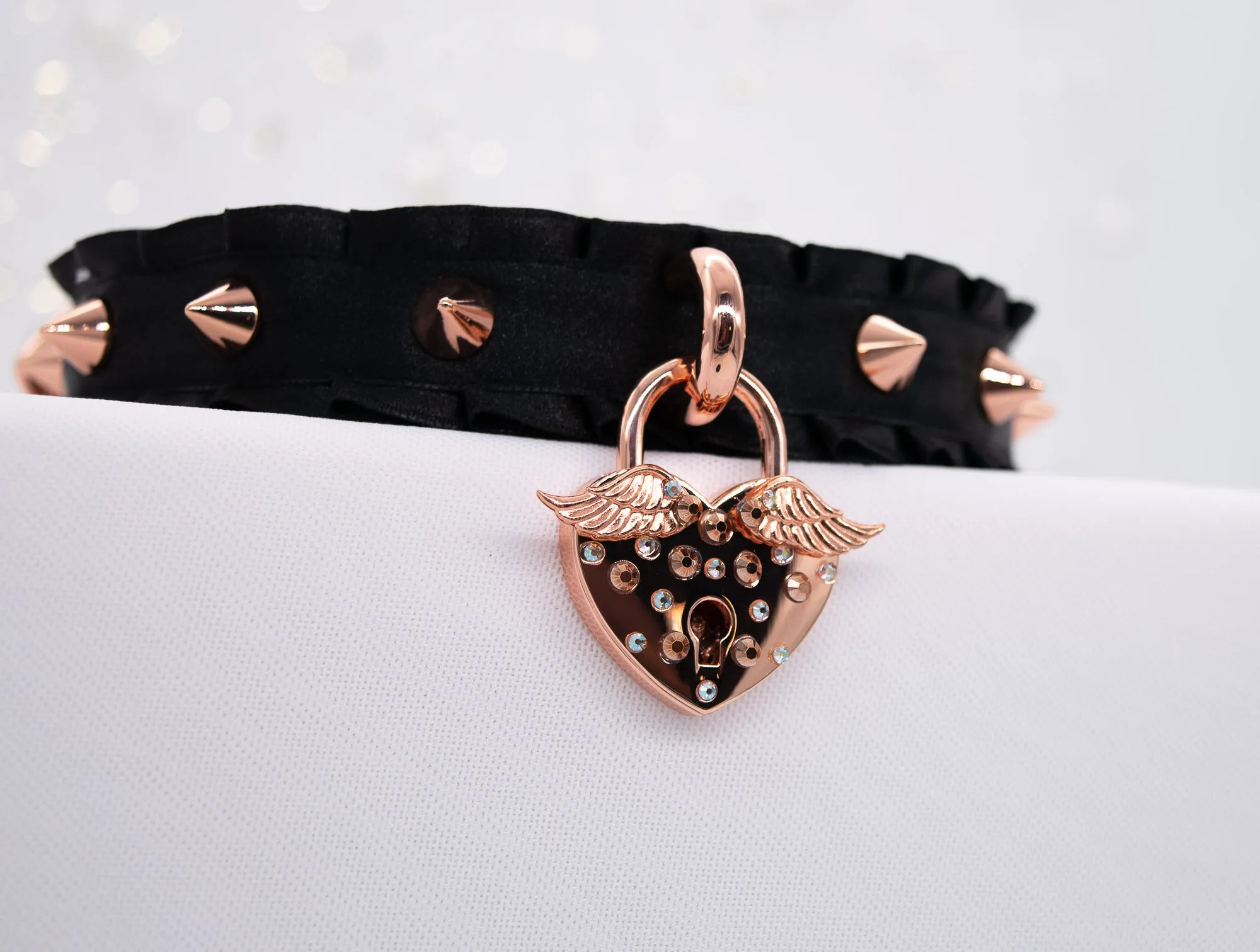 'Angel's Heart' - Black Spiked BDSM Collar in Rose Gold