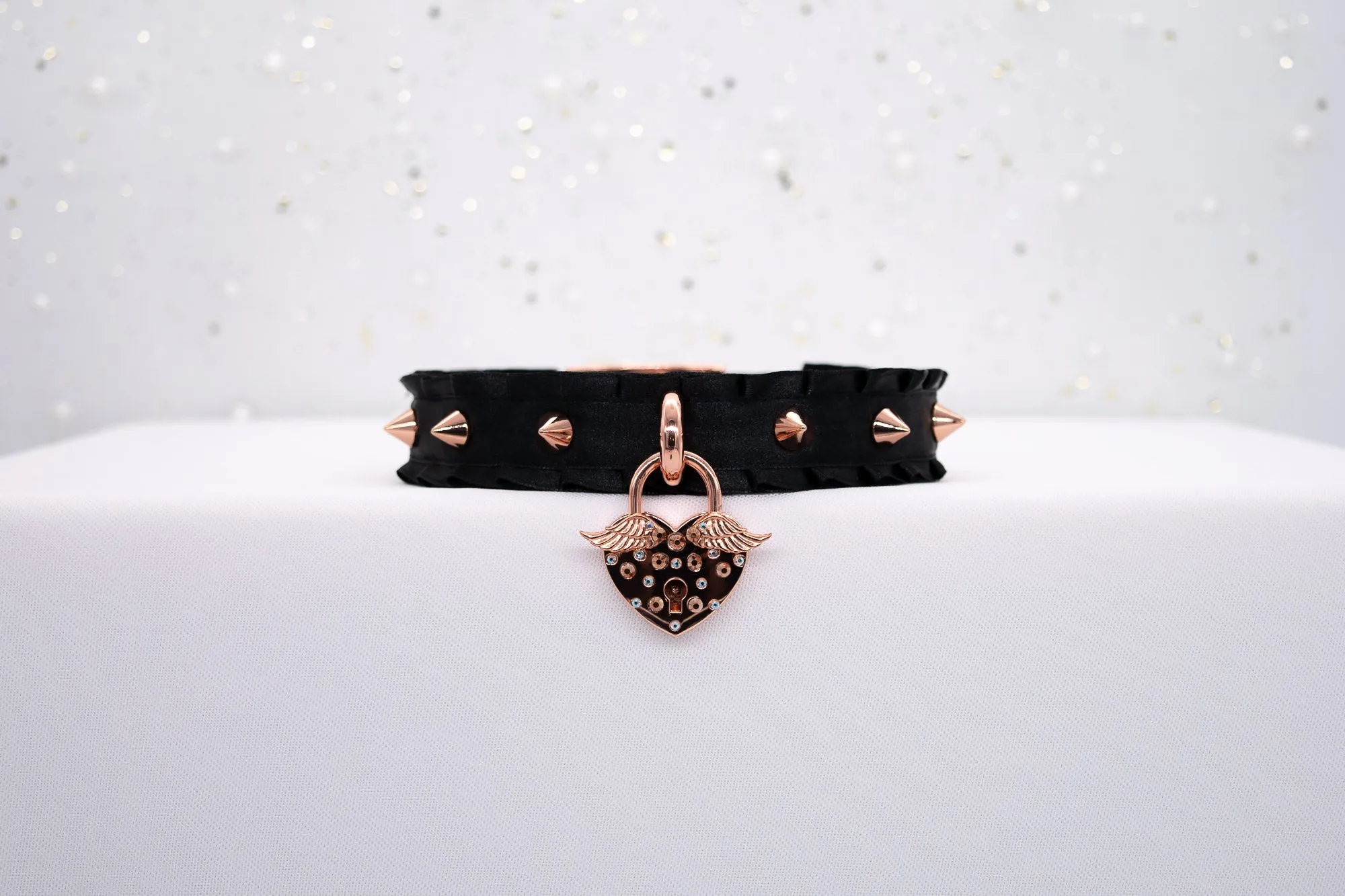 'Angel's Heart' - Black Spiked BDSM Collar in Rose Gold