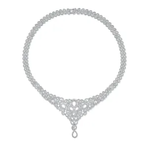 Art Deco Swirl Leaf Choker Collar Necklace with Teardrop CZ Silver Plated