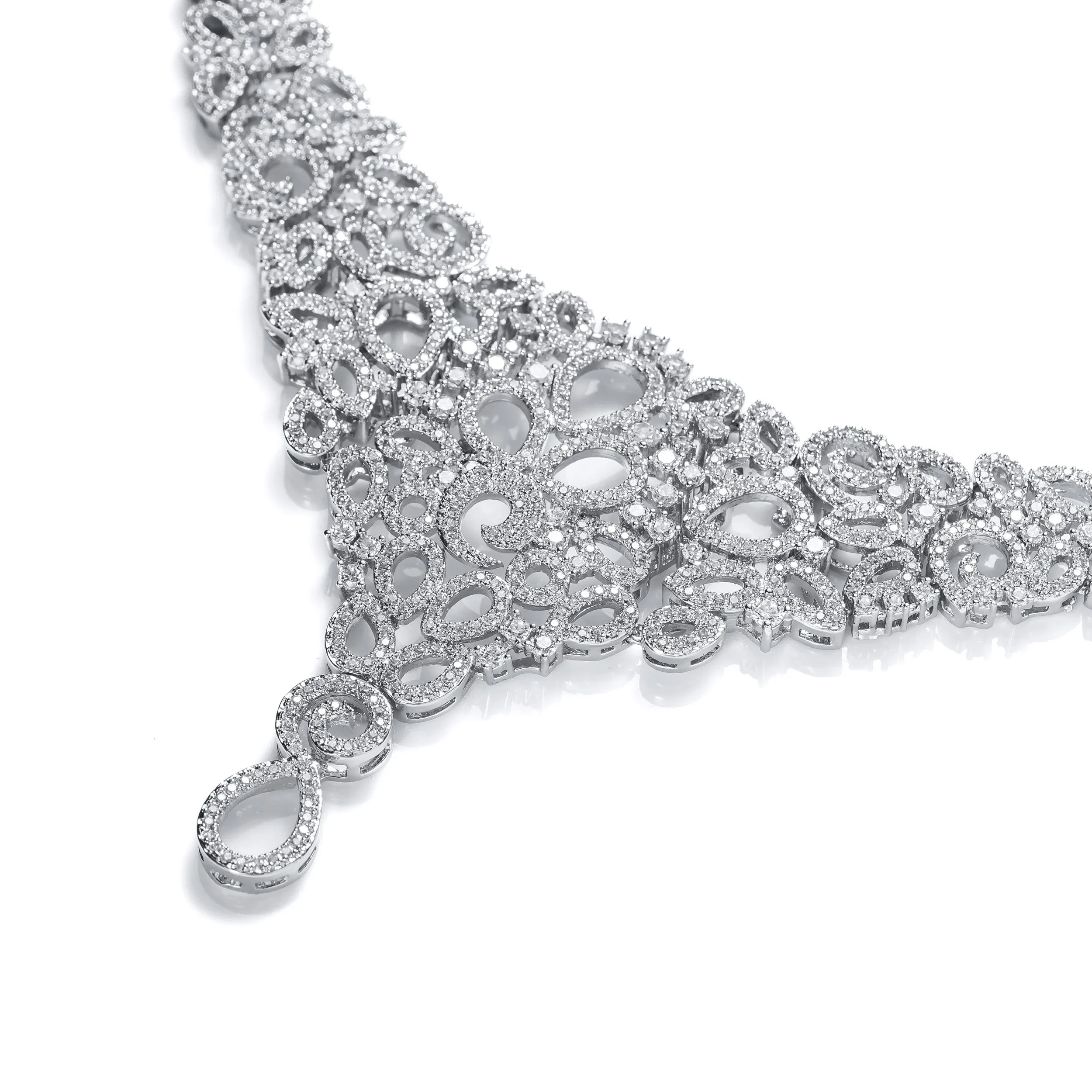 Art Deco Swirl Leaf Choker Collar Necklace with Teardrop CZ Silver Plated