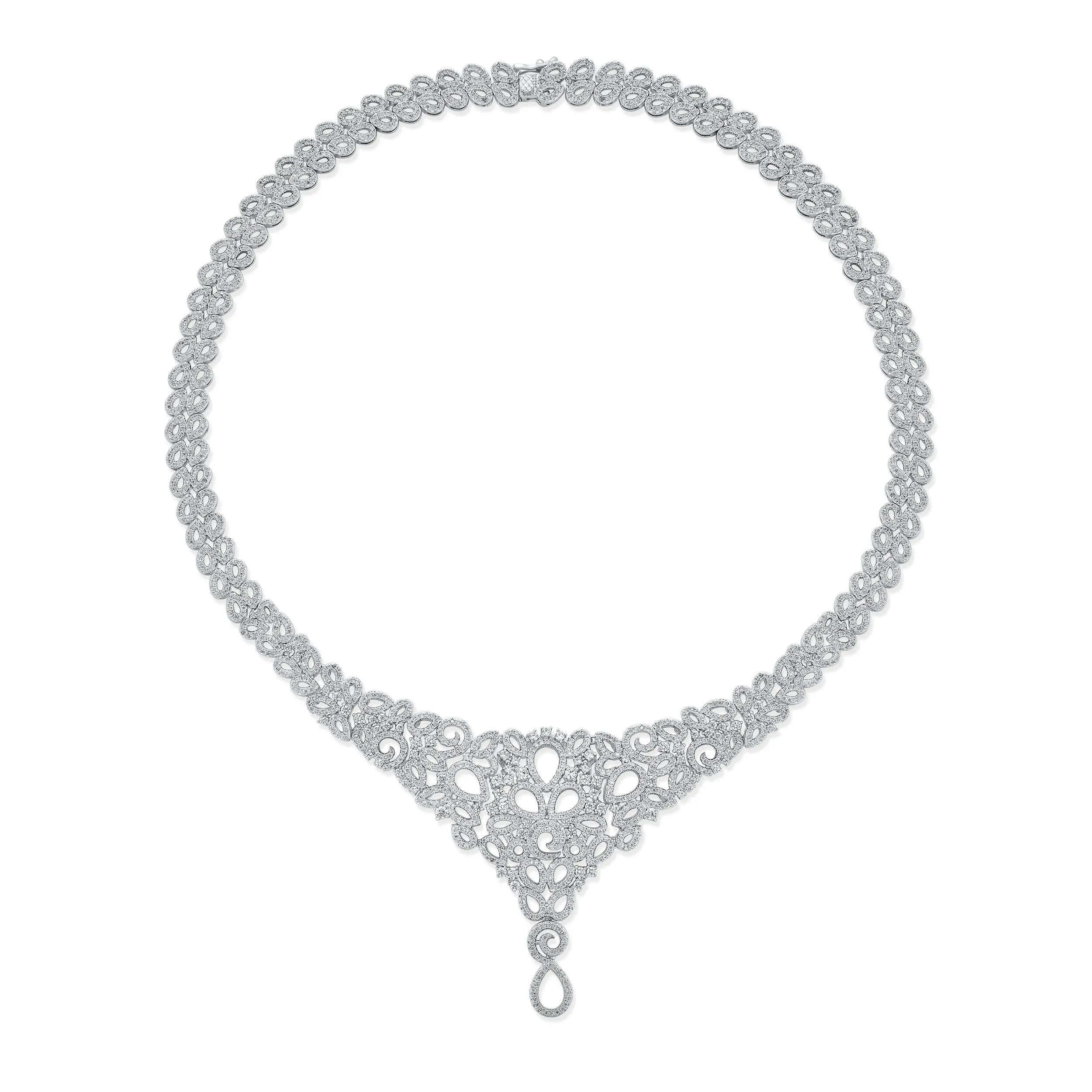 Art Deco Swirl Leaf Choker Collar Necklace with Teardrop CZ Silver Plated