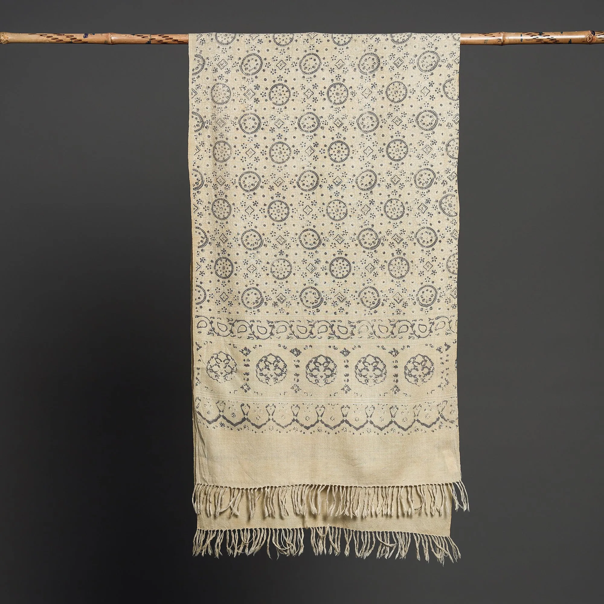 Beige - Kutch Traditional Ajrakh Block Printed Handwoven Pure Wool Stole