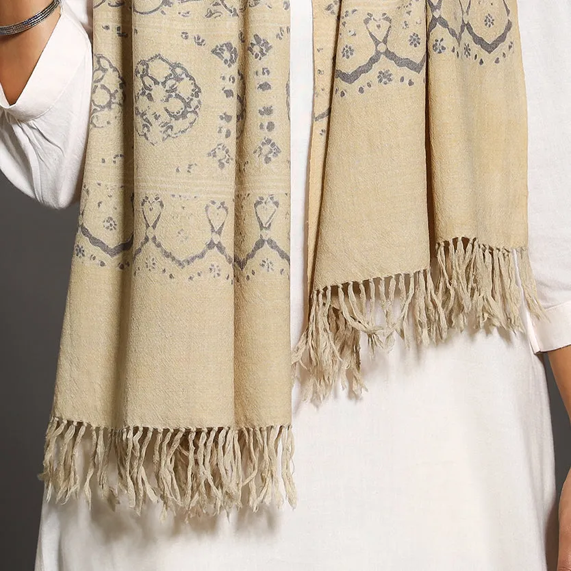 Beige - Kutch Traditional Ajrakh Block Printed Handwoven Pure Wool Stole