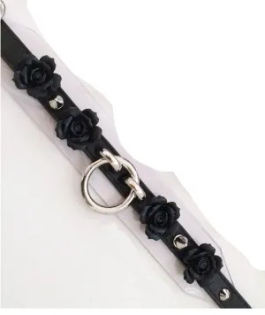 Black Leather Clear PVC Rose Collar w/ Spike and O Ring Detail