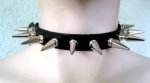 Black Leather Collar w/ 1 Row of Long Spikes