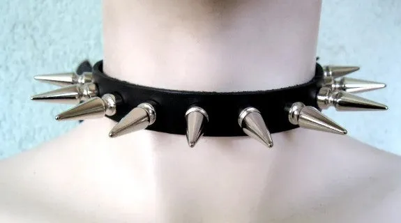 Black Leather Collar w/ 1 Row of Long Spikes