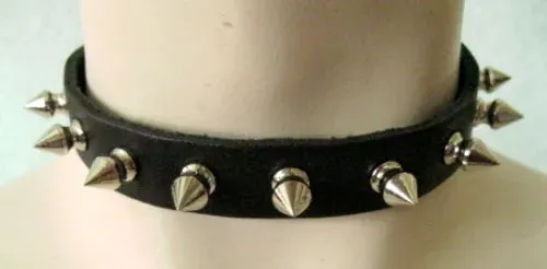 Black Leather Collar w/ 1 Row of Silver Tree Spikes