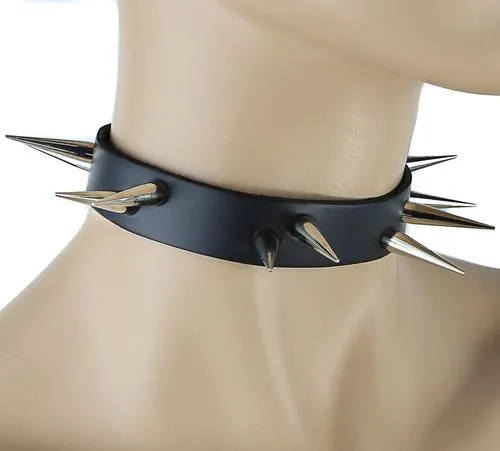 Black Leather Collar w/ 2 Rows of Silver Needle Spikes