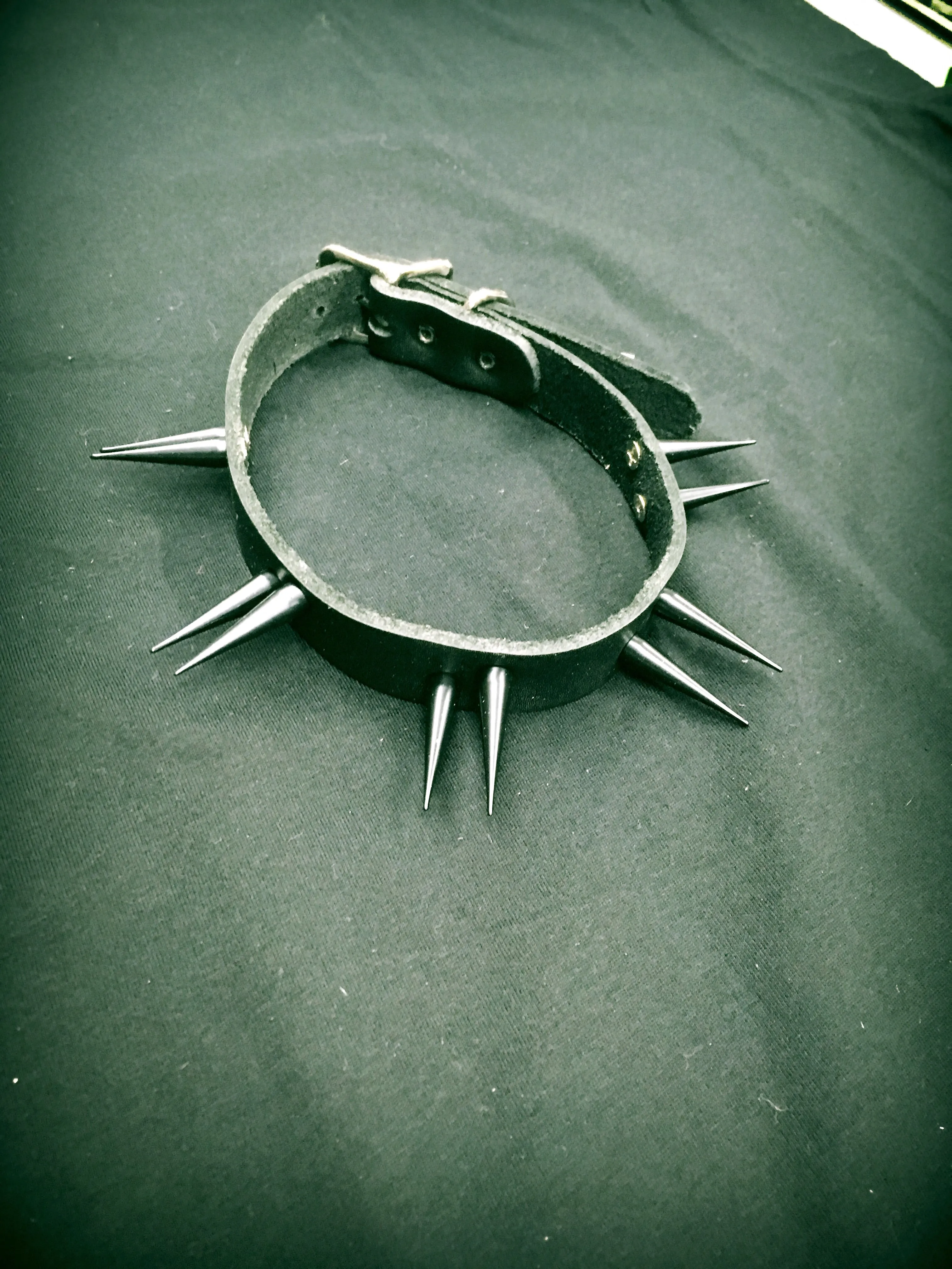 Black Leather Collar w/ 2 Rows of Silver Needle Spikes