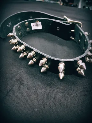 Black Leather Collar w/ 2 Rows of Silver Spikes