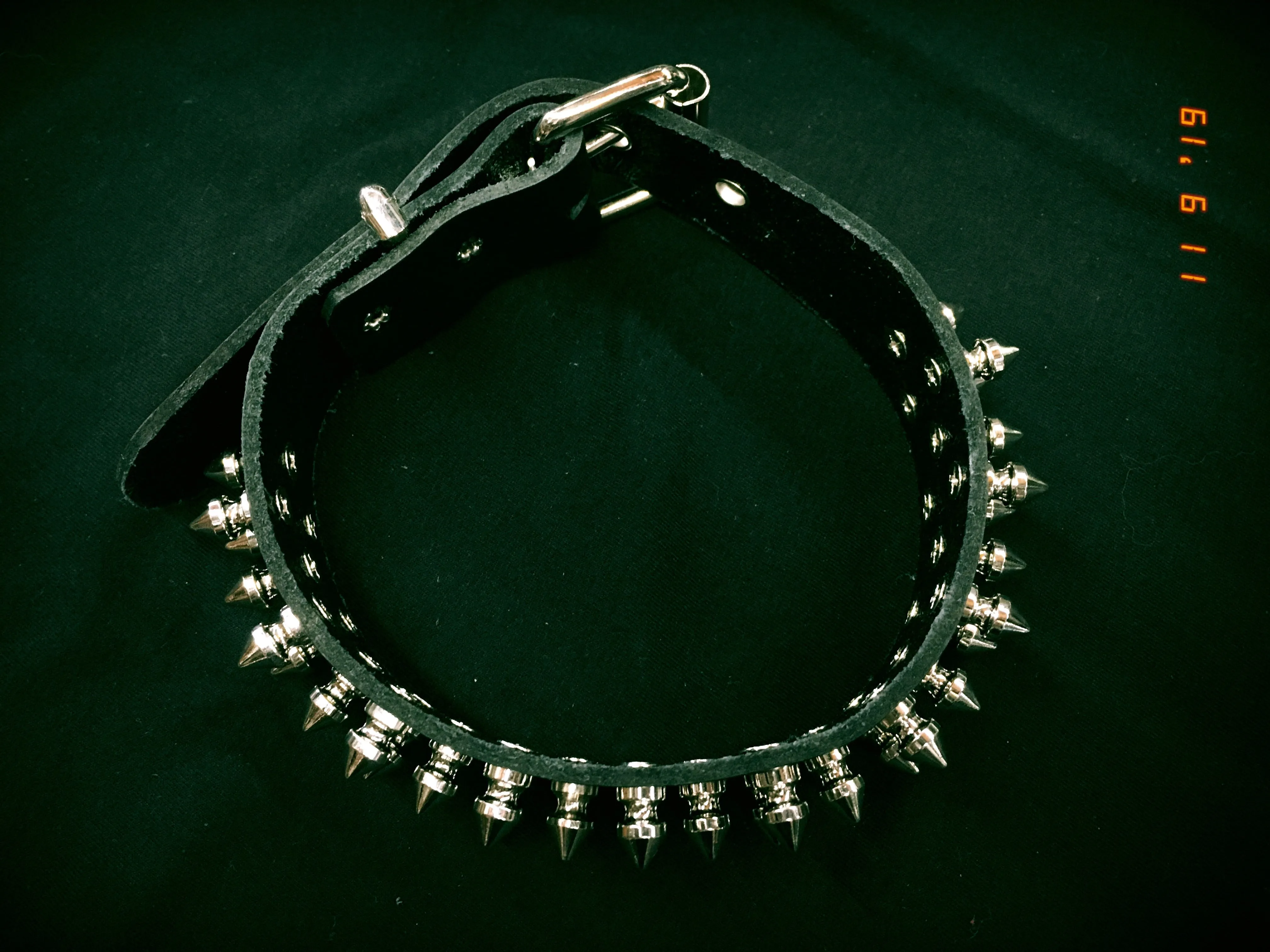 Black Leather Collar w/ 3 Rows of Silver Tree Spikes