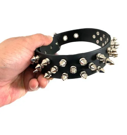 Black Leather Collar w/ 3 Rows of Silver Tree Spikes