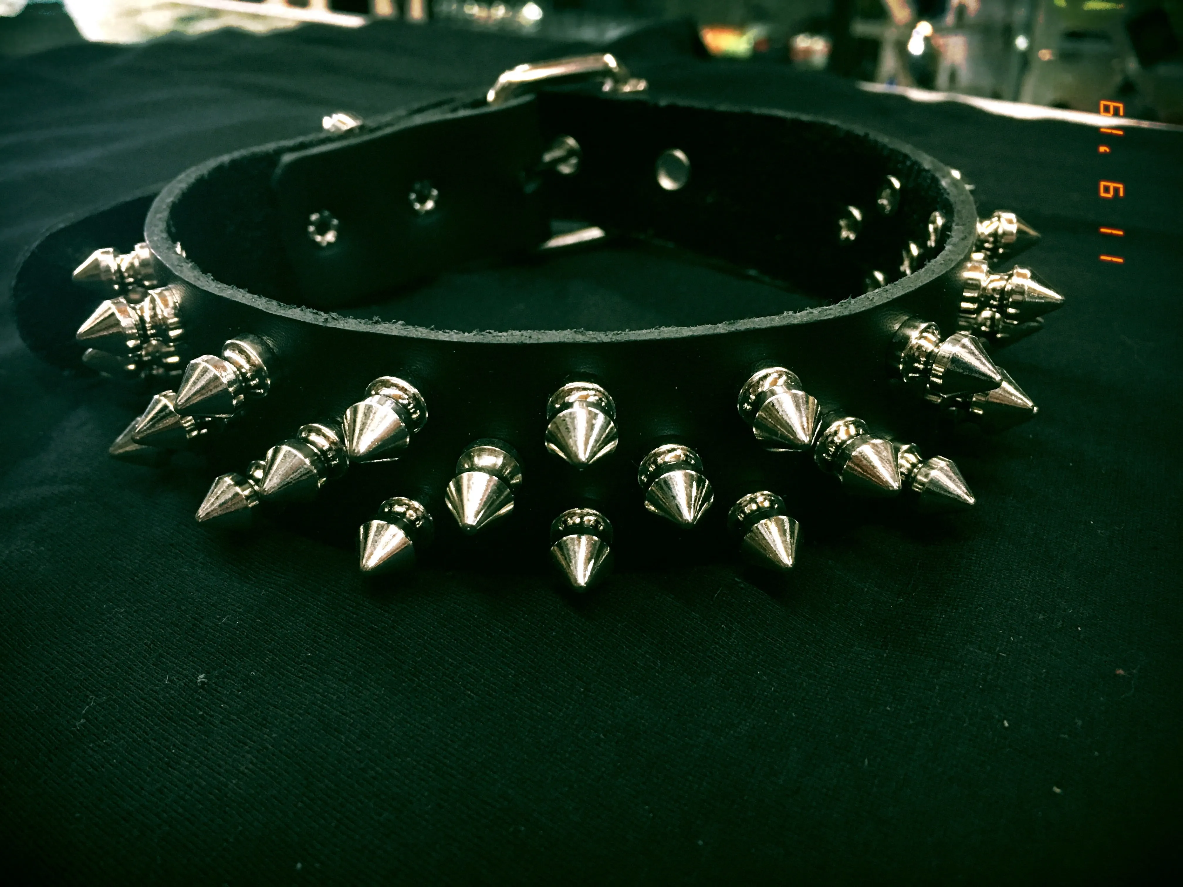 Black Leather Collar w/ 3 Rows of Silver Tree Spikes