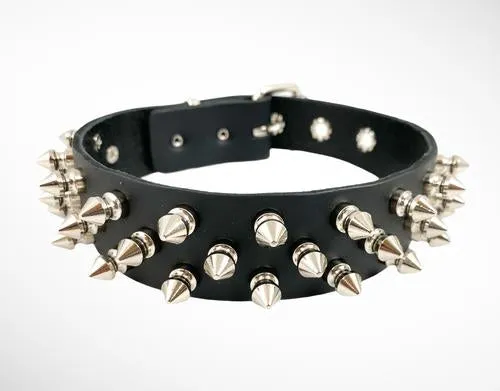 Black Leather Collar w/ 3 Rows of Silver Tree Spikes