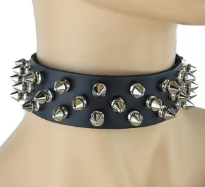 Black Leather Collar w/ 3 Rows of Silver Tree Spikes