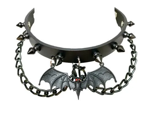 Black Leather Collar w/ Black Spike, Chains and Bat Detail