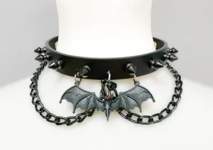 Black Leather Collar w/ Black Spike, Chains and Bat Detail