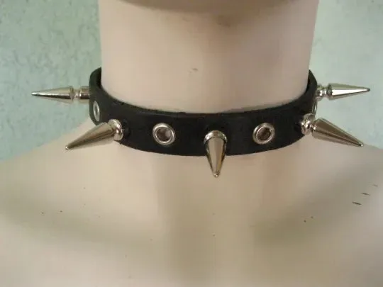 Black Leather Collar w/ Eyelets and Long Spikes