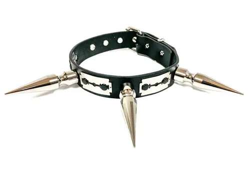 Black Leather Collar w/ Long Silver Spikes and Silver Razor Blade Charms