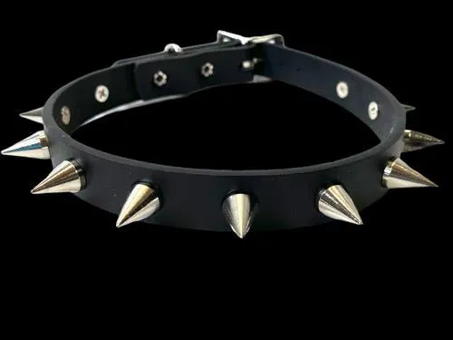 Black Leather Collar w/  Silver Cone Spikes