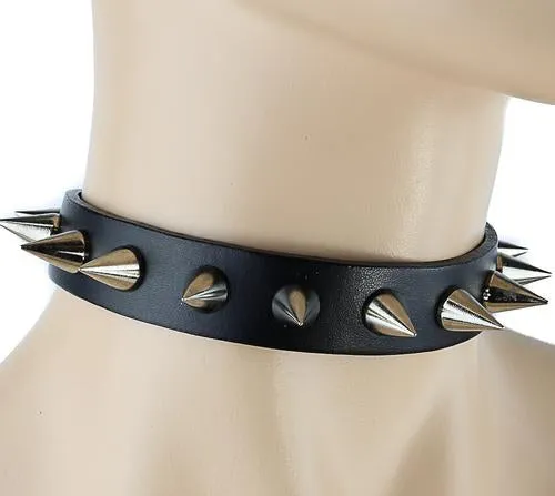 Black Leather Collar w/  Silver Cone Spikes