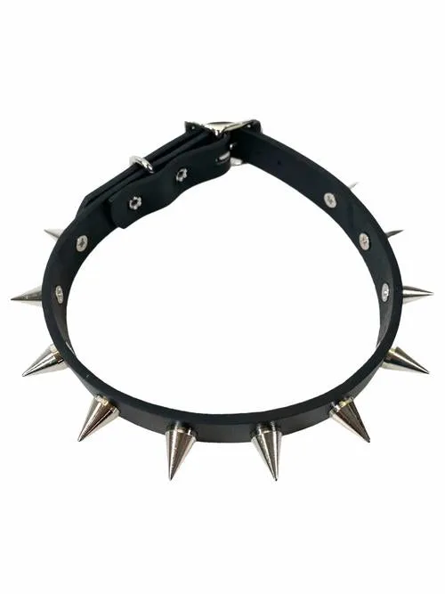 Black Leather Collar w/  Silver Cone Spikes