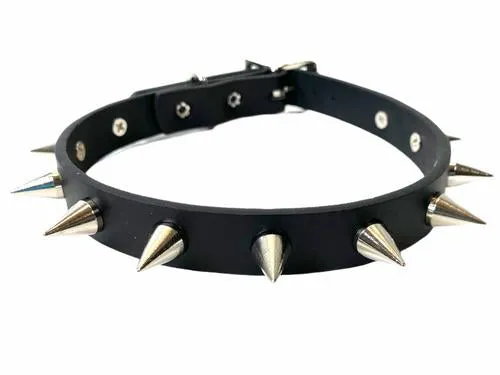 Black Leather Collar w/  Silver Cone Spikes