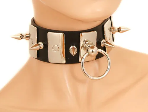 Black Leather Collar w/ Silver O Ring, Metal Plate and Spike Details