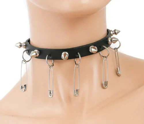 Black Leather Collar w/ Silver Safety Pins and Tree Spike Details