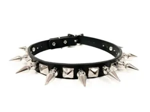 Black Leather Collar w/ Silver Spike and Pyramid Stud Details