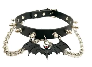 Black Leather Collar w/ Silver Spike Chains and Bat Detail