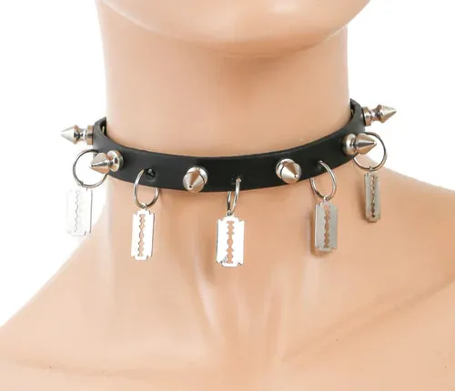 Black Leather Collar w/ Silver Spikes and Razor Blade Charms