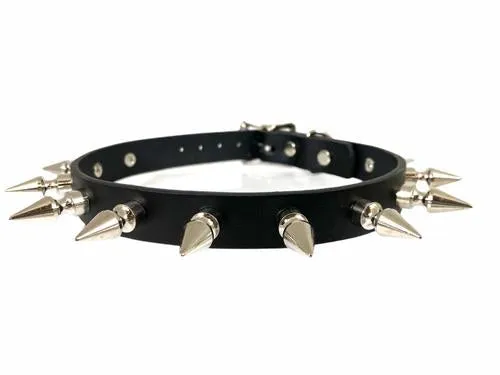 Black Leather Collar w/ Silver Spikes