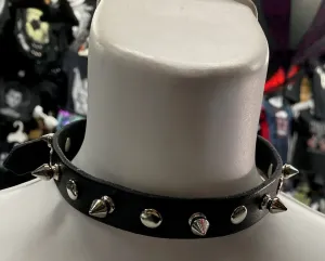 Black Leather Collar w/ Silver Tree Spikes and Silver Flat Studs