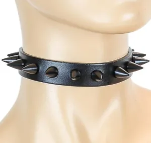 Black Leather Collar w/ Single Row of Black Cone Spikes