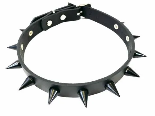 Black Leather Collar w/ Single Row of Black Cone Spikes