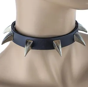 Black Leather Collar w/ Single Row of Silver Claw Spikes