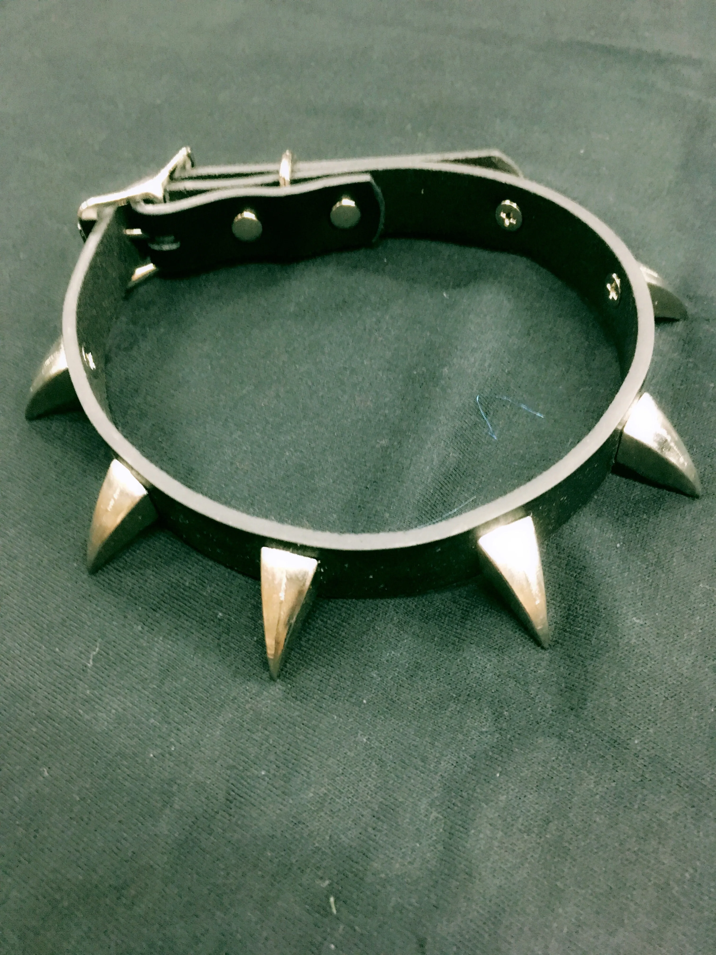 Black Leather Collar w/ Single Row of Silver Claw Spikes