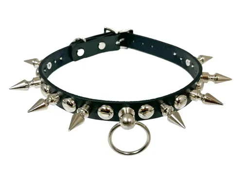 Black Leather Collar w/ Studs, Spikes and O Ring Detail