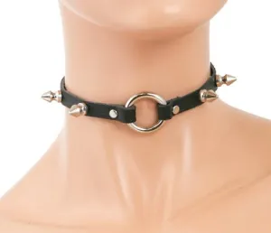 Black Leather Vampire Collar w/ Silver O Ring and Tree Spike Details