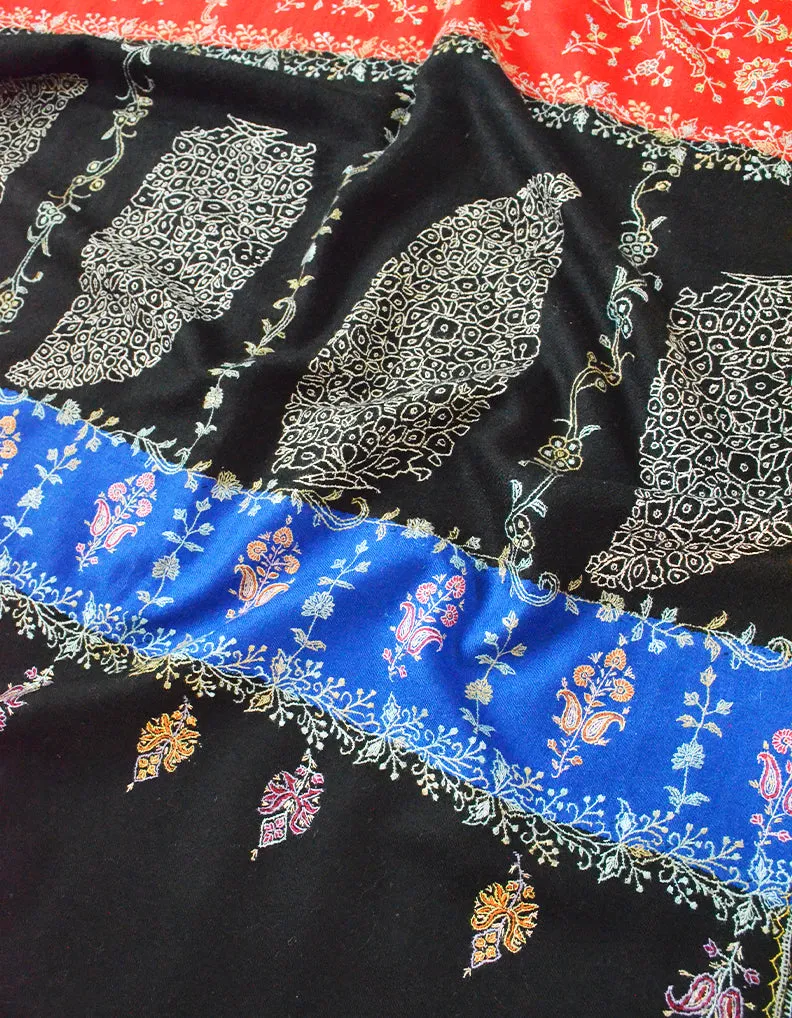 Black Red and Blue  Embroidery Pashmina Stole 7490