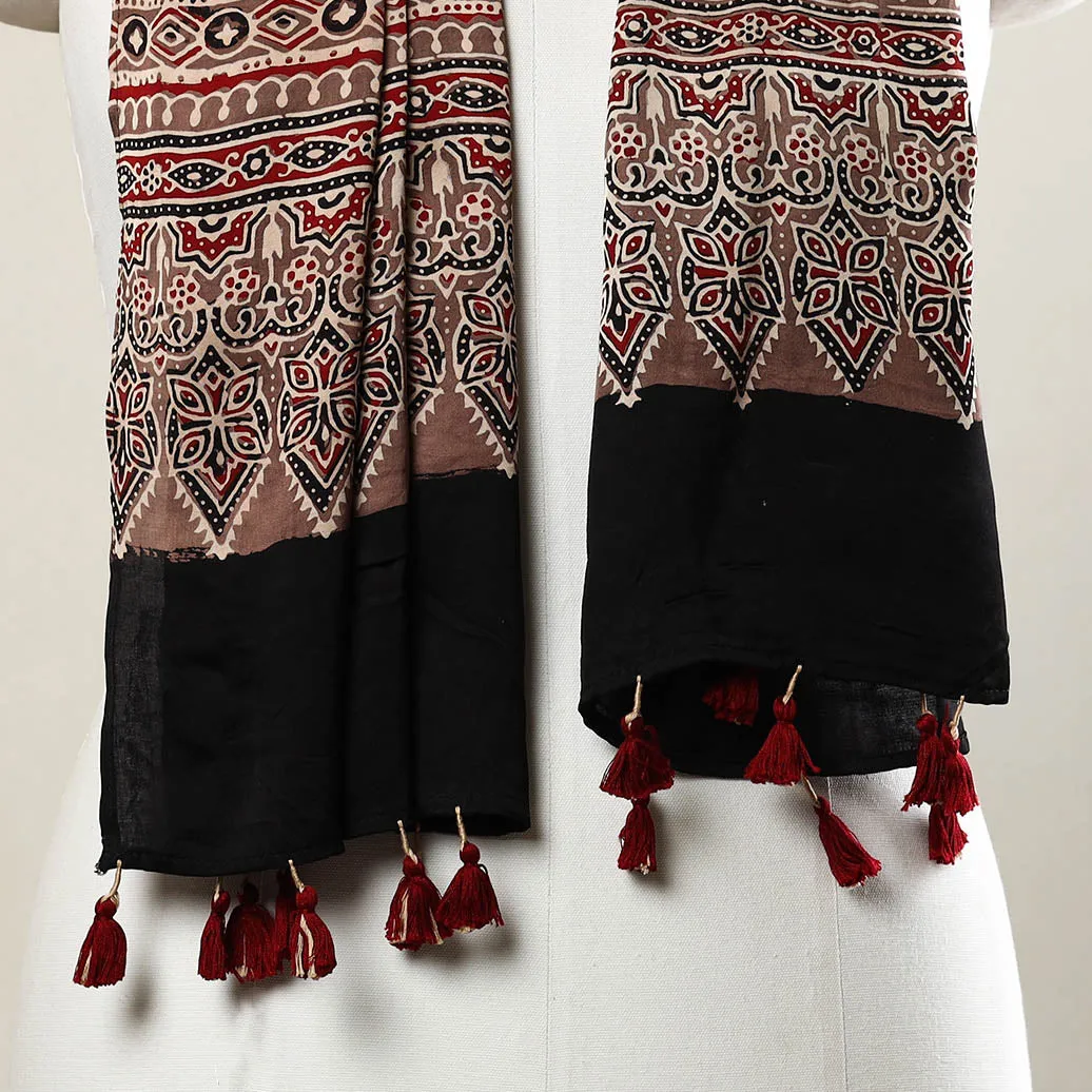 Brown - Ajrakh Block Printed Modal Silk Stole with Tassels