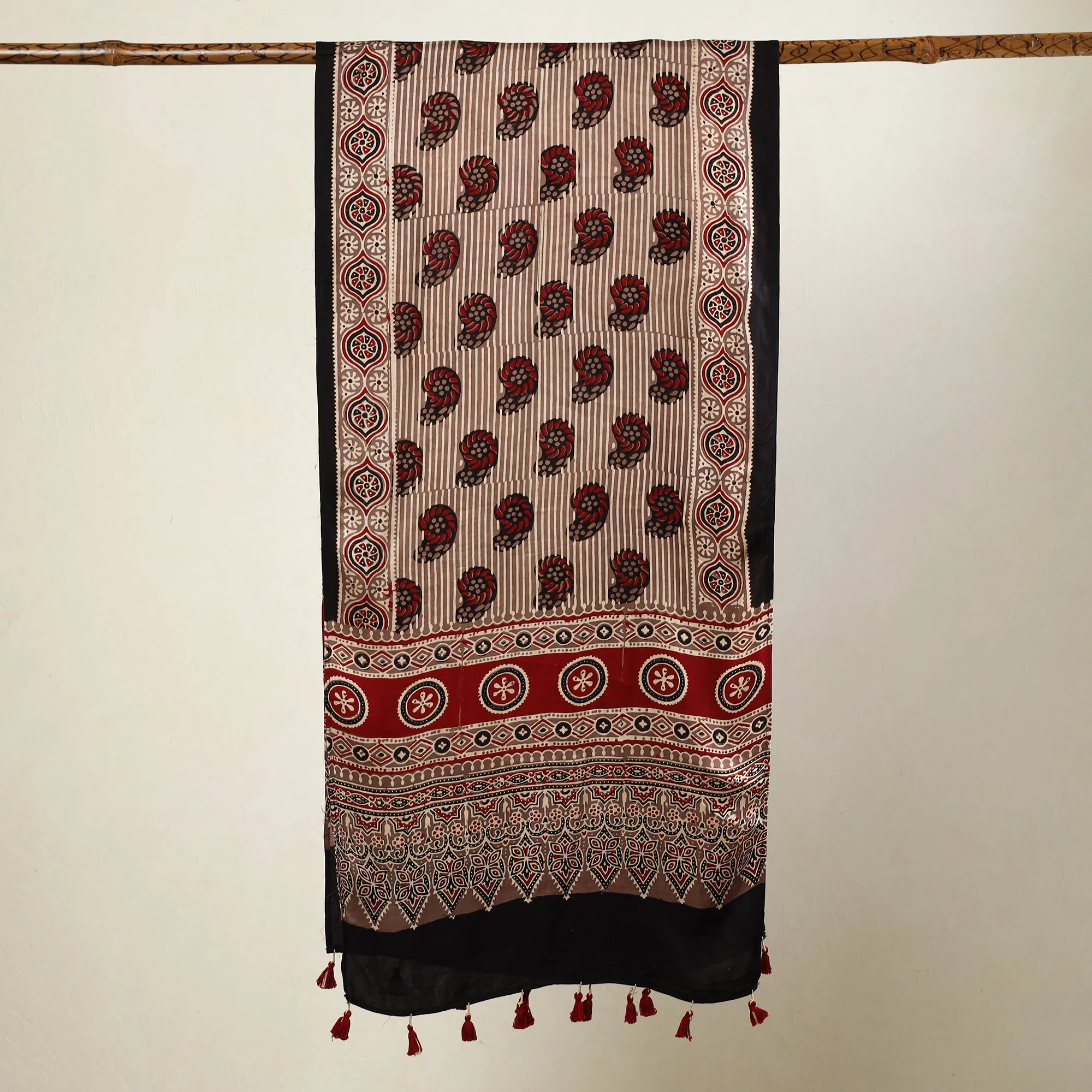 Brown - Ajrakh Block Printed Modal Silk Stole with Tassels