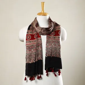 Brown - Ajrakh Block Printed Modal Silk Stole with Tassels