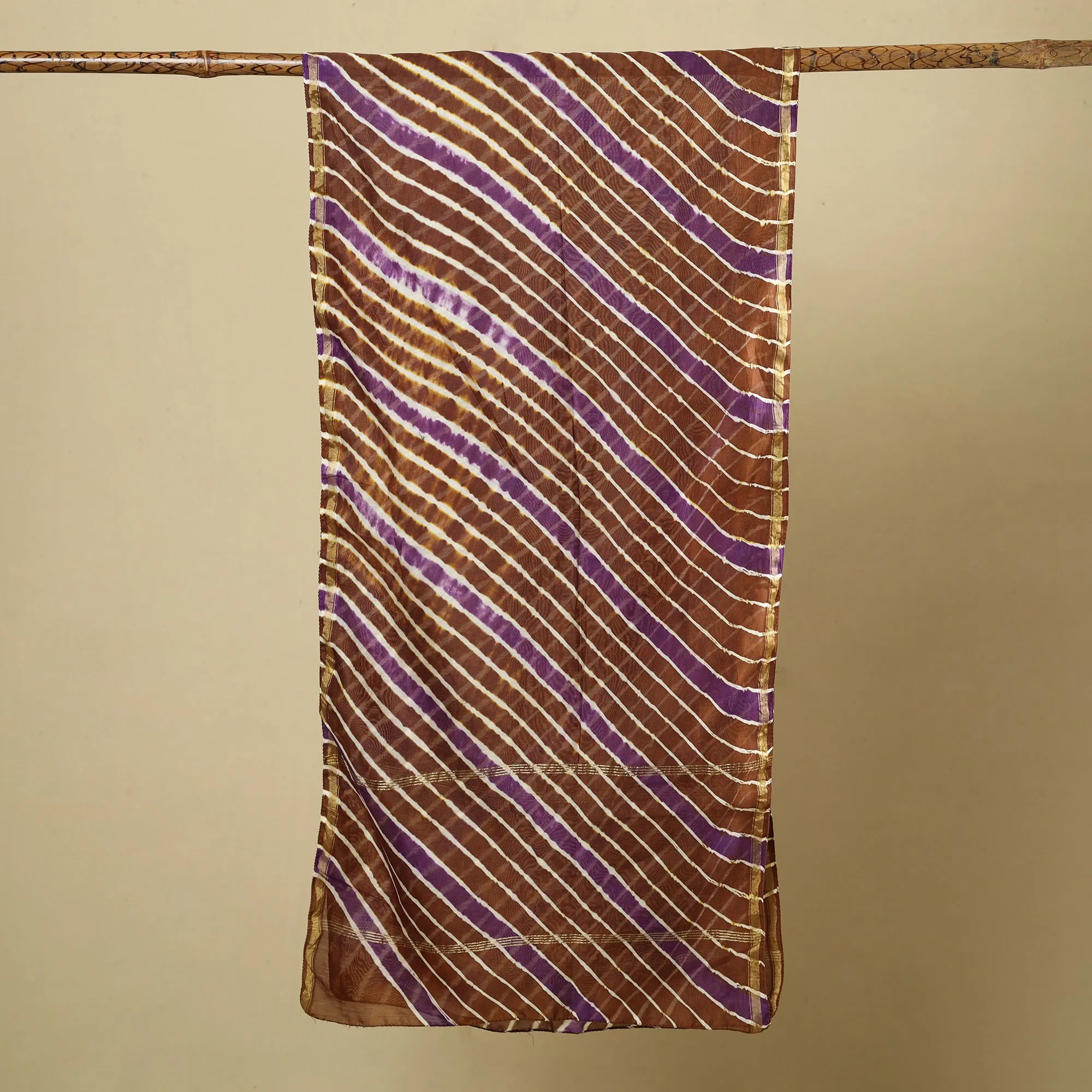 Brown - Leheriya Tie-Dye Chanderi Silk Handloom Stole with Zari Border 44